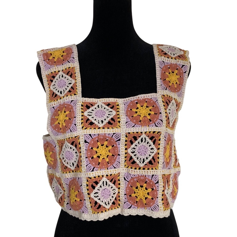 Womens Crochet Patchwork Cropped Tank Top Size XL Orange‎ Cream Festival Boho